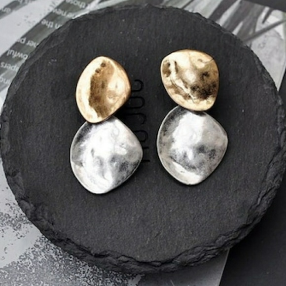 Two Tone Textured Metal Earrings - Picture 2 of 4
